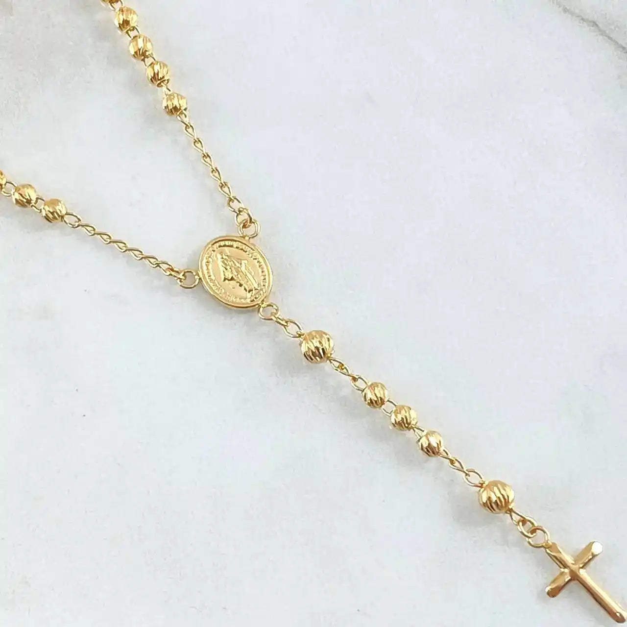18K Yellow Gold Rosary – Miraculous Virgin with Bordered Cross / 8.2g / 50cm / Diamond-Cut Beads