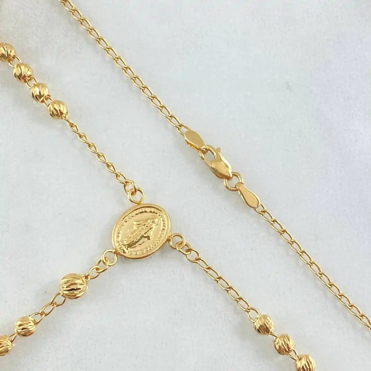 18K Yellow Gold Rosary – Miraculous Virgin with Bordered Cross / 8.2g / 50cm / Diamond-Cut Beads