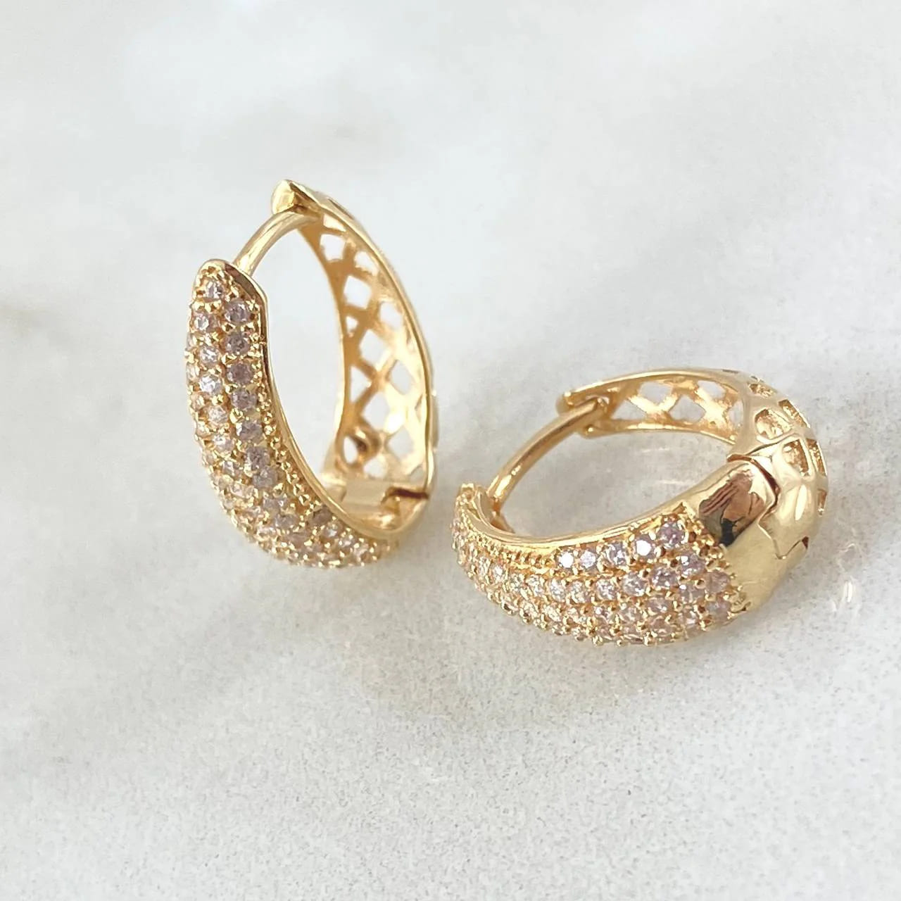 18K Yellow Gold “Dali” Pave Hoop Earrings with White Zircons – 3.4g, 1.7cm