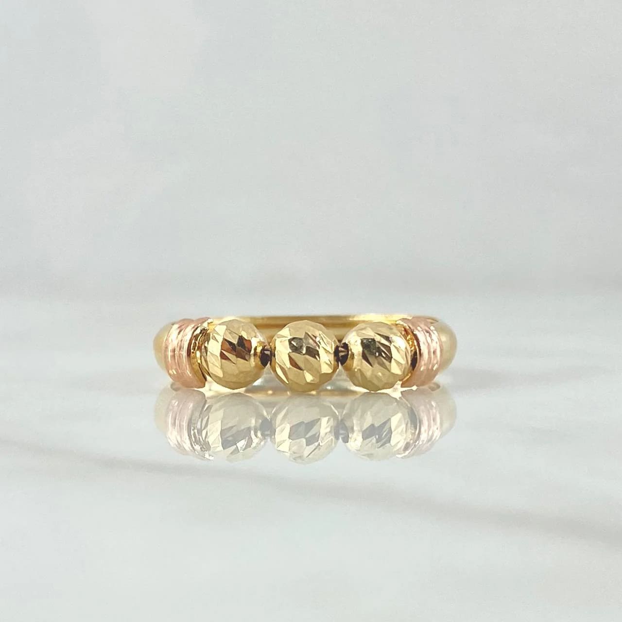 18K Yellow and Rose Gold Ring with Diamond-Cut Bead Trio – 1.55g, Size 7.75
