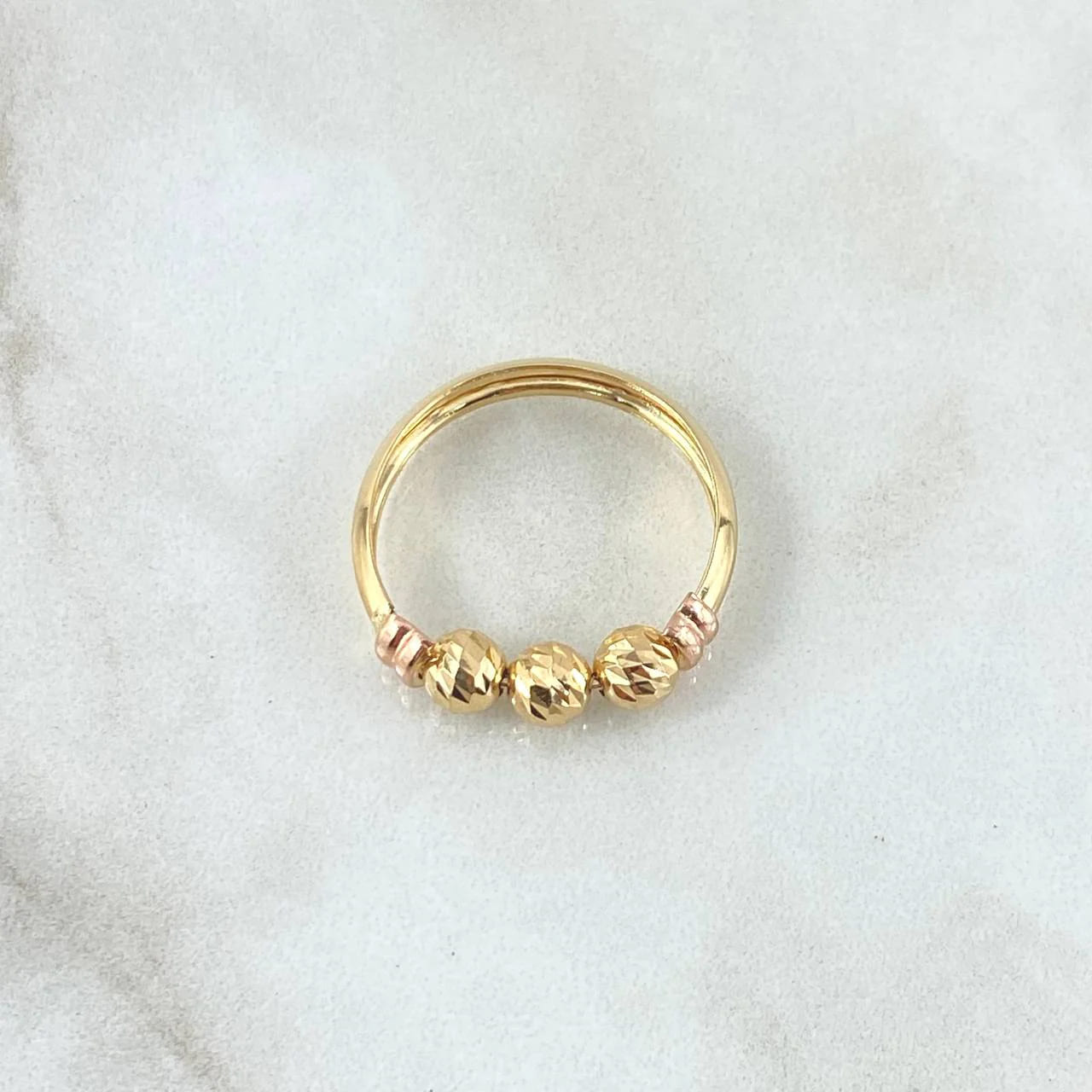 18K Yellow and Rose Gold Ring with Diamond-Cut Bead Trio – 1.55g, Size 7.75
