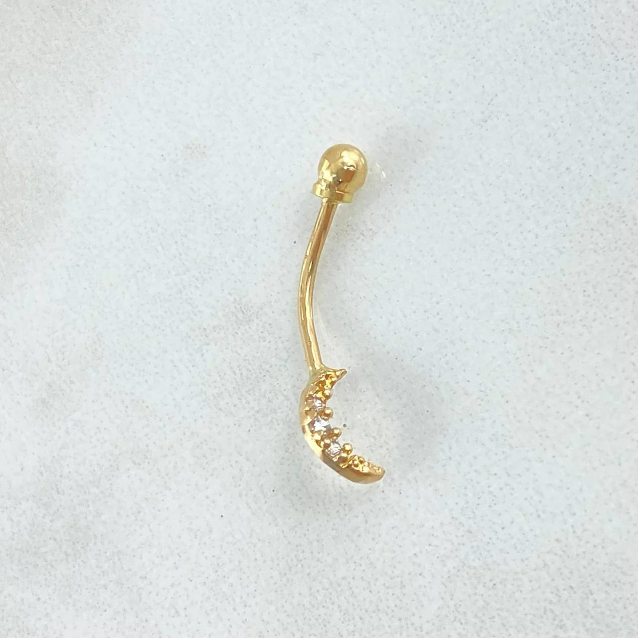 18K Yellow Gold Crescent Moon Navel Piercing with White Zircons – 0.45g, 2cm