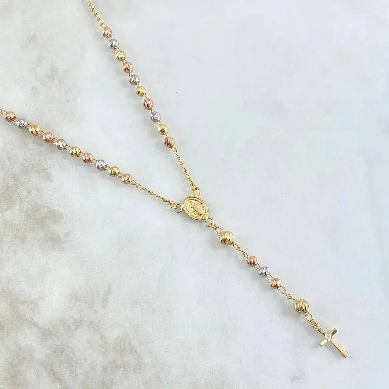 18K Gold Rosary Necklace – Miraculous Virgin & Cross / 7.45g / 50cm / Diamond-Cut Beads