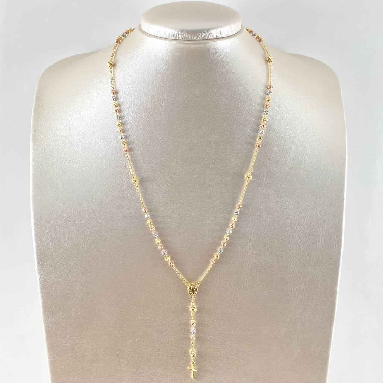 18K Gold Rosary Necklace – Miraculous Virgin & Cross / 7.45g / 50cm / Diamond-Cut Beads