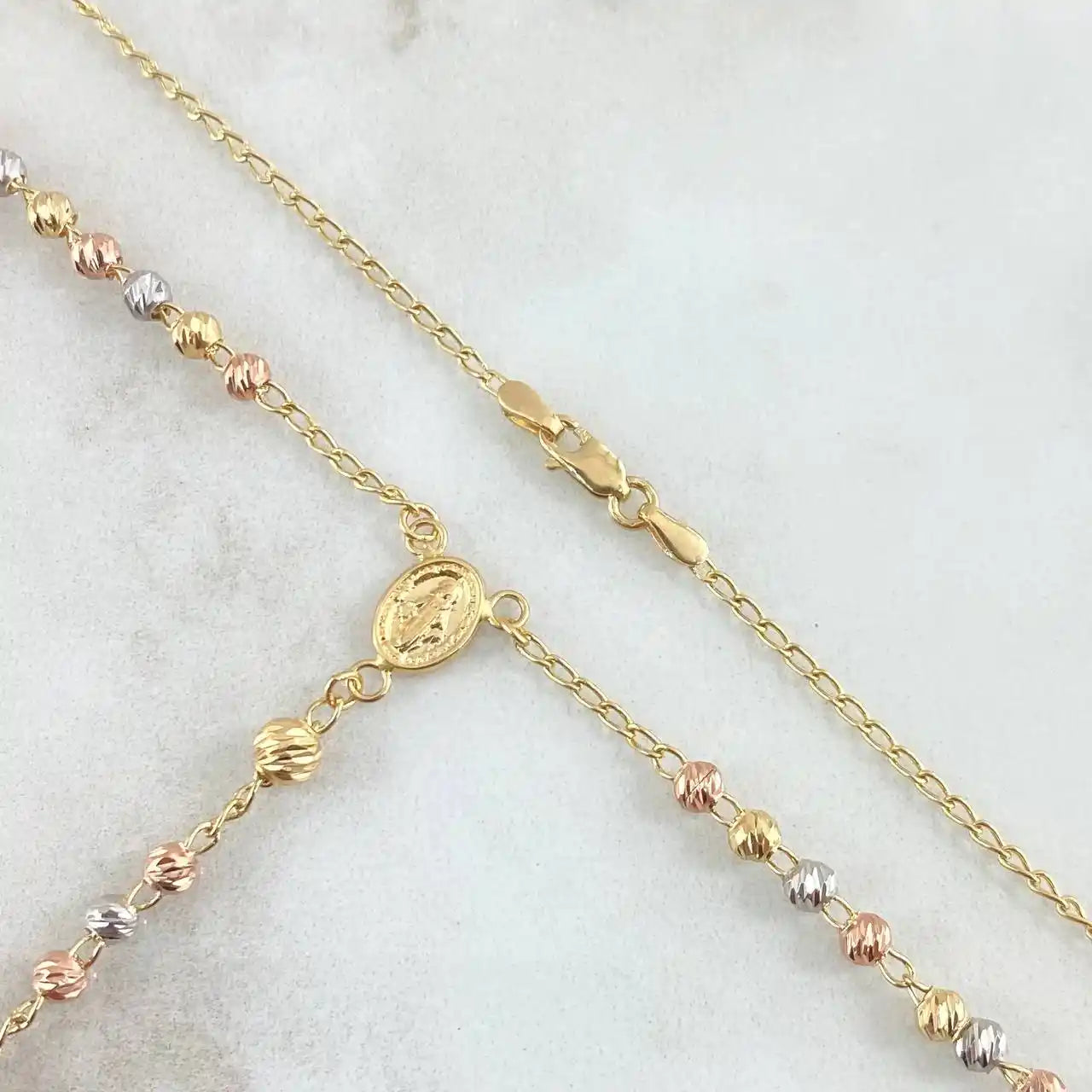 18K Gold Rosary Necklace – Miraculous Virgin & Cross / 7.45g / 50cm / Diamond-Cut Beads