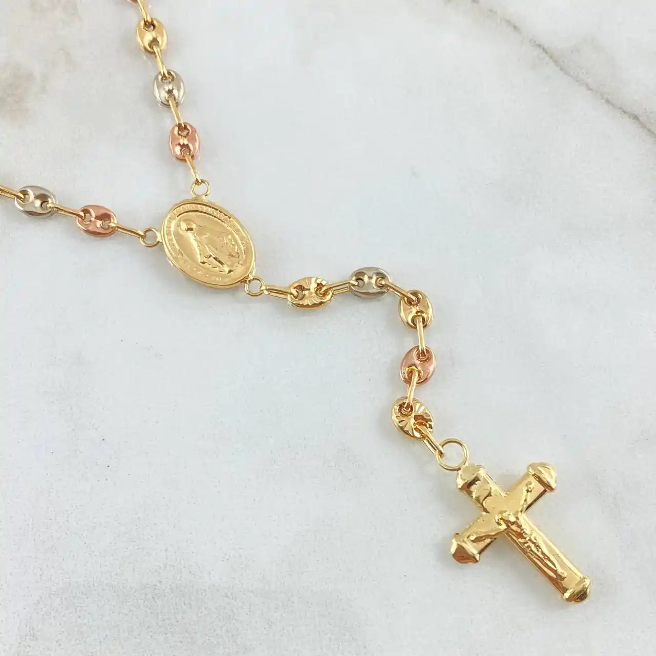 18K Gold Tricolor Rosary – GC Style with Miraculous Virgin, Christ & Cross / 9.25g / 55cm