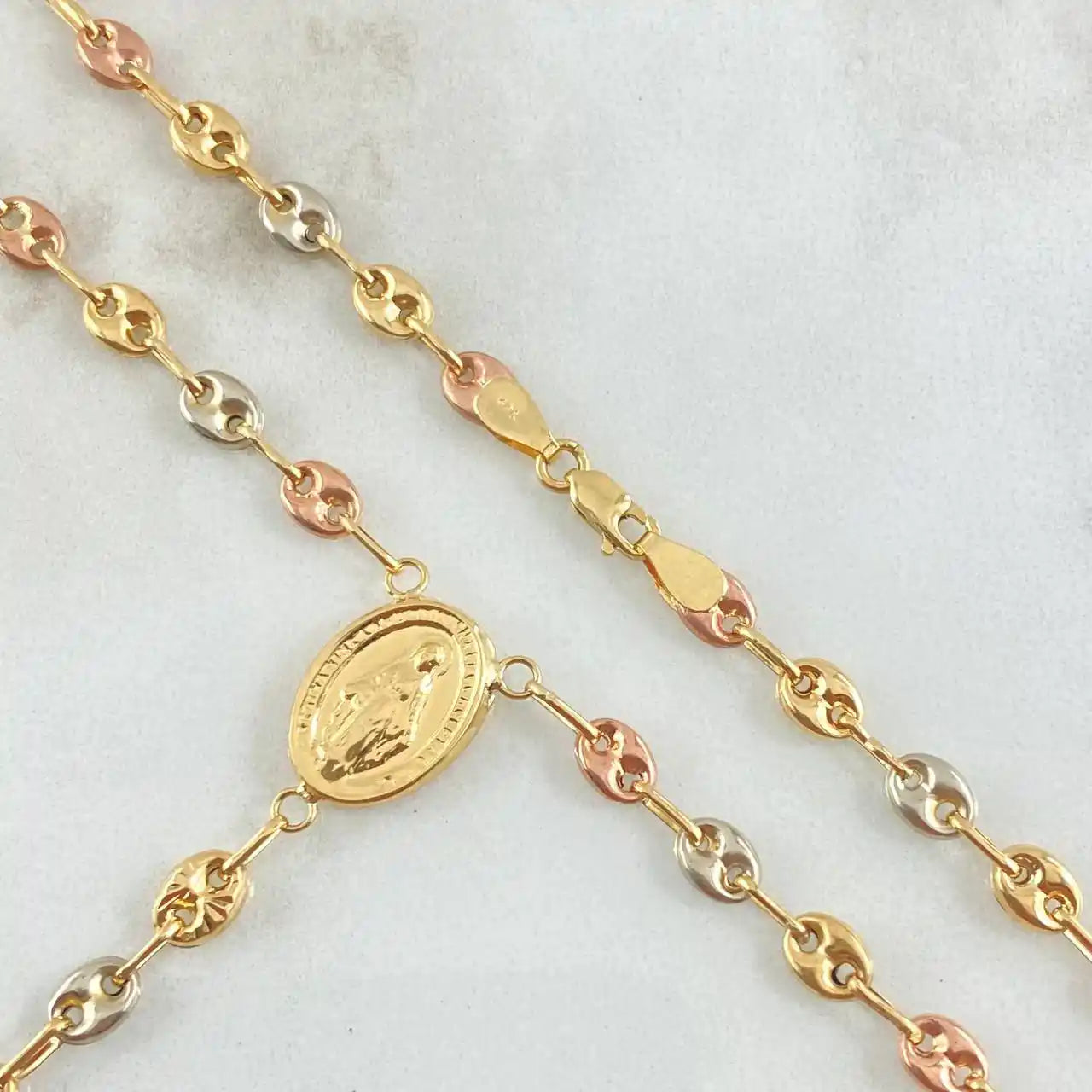 18K Gold Tricolor Rosary – GC Style with Miraculous Virgin, Christ & Cross / 9.25g / 55cm
