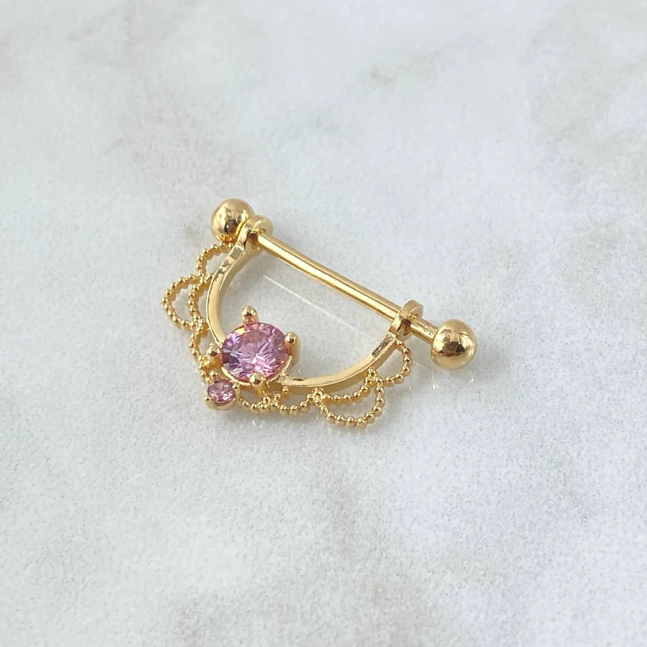 18K Yellow Gold Nipple Piercing with Pink Zircons and 4mm Ball Ends – 2.85g, 2.5cm x 1.6cm