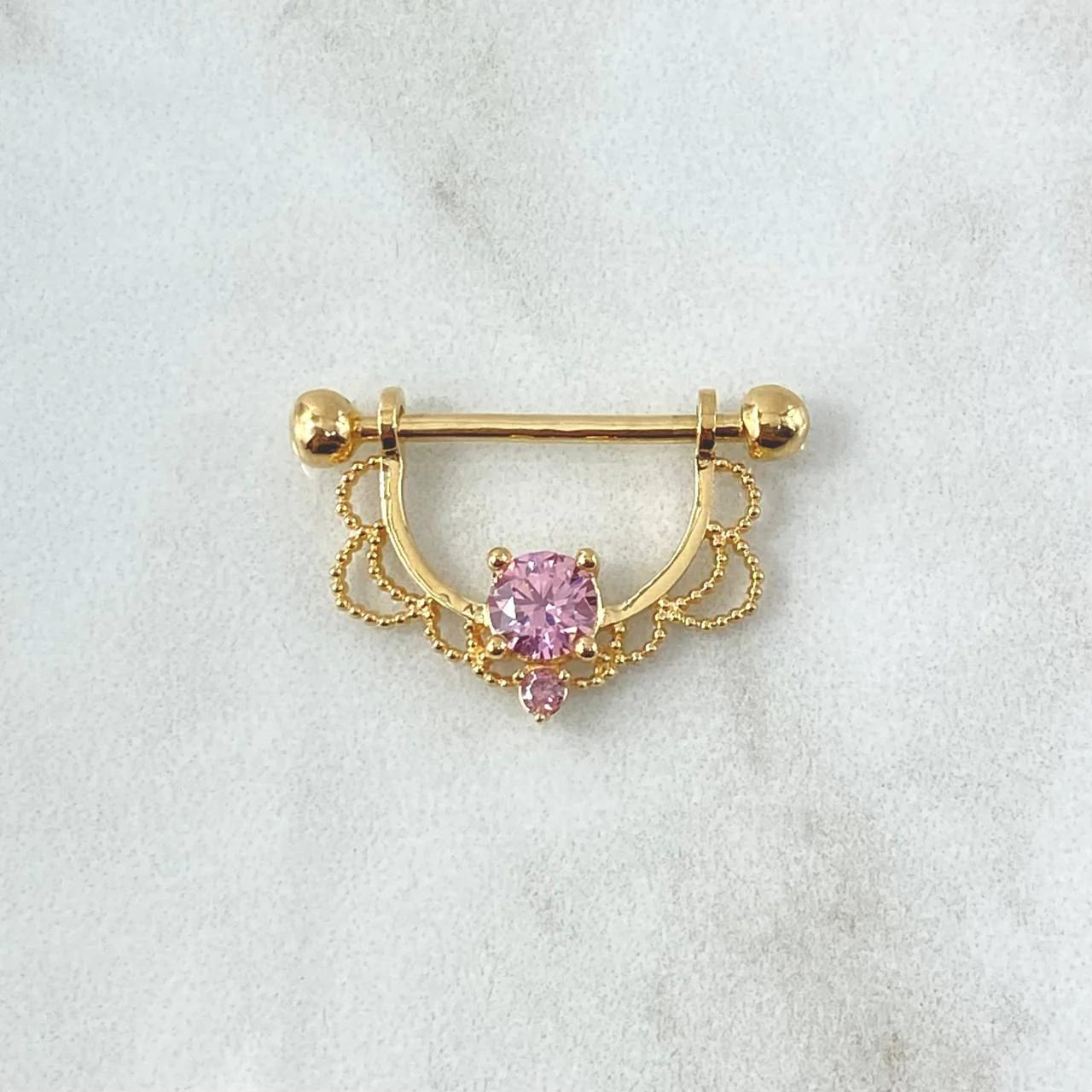 18K Yellow Gold Nipple Piercing with Pink Zircons and 4mm Ball Ends – 2.85g, 2.5cm x 1.6cm