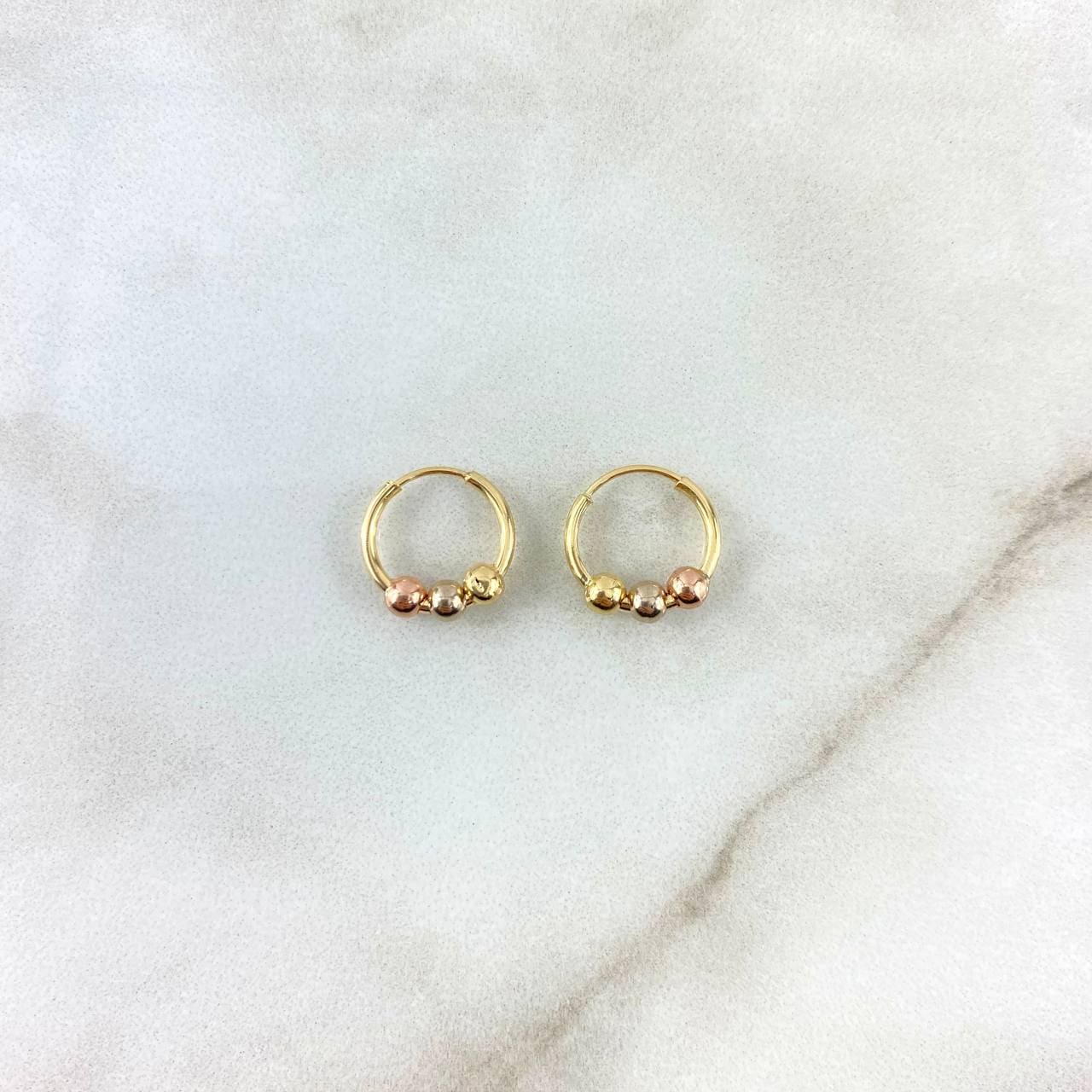 Hoop Earrings 1.3g / 1.7cm / 3mm - 4mm Smooth Beads in Tri-Color 18K Gold