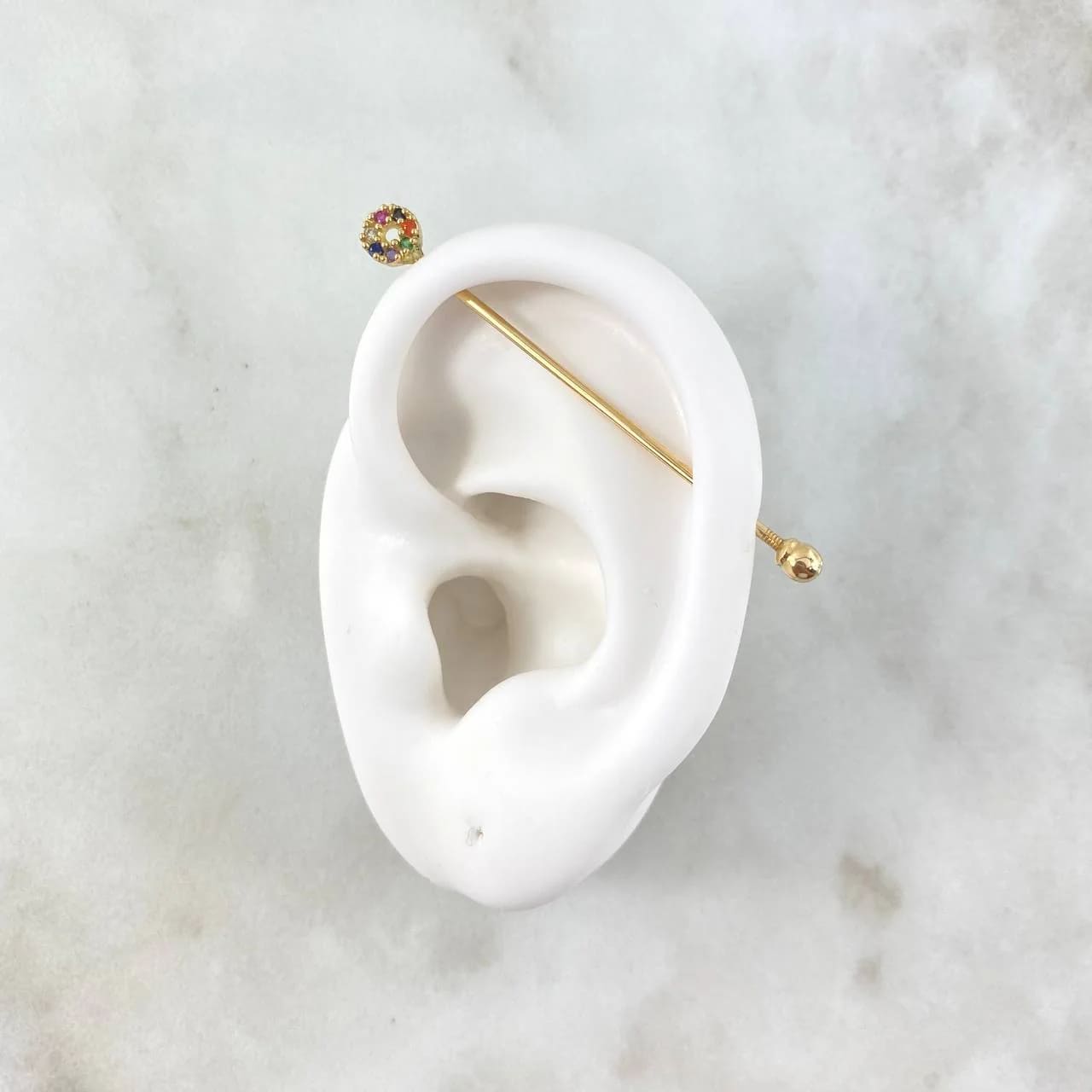 18K Yellow Gold Circular Industrial Piercing with Multicolor Zircons – 1g, 4.7cm x 1mm