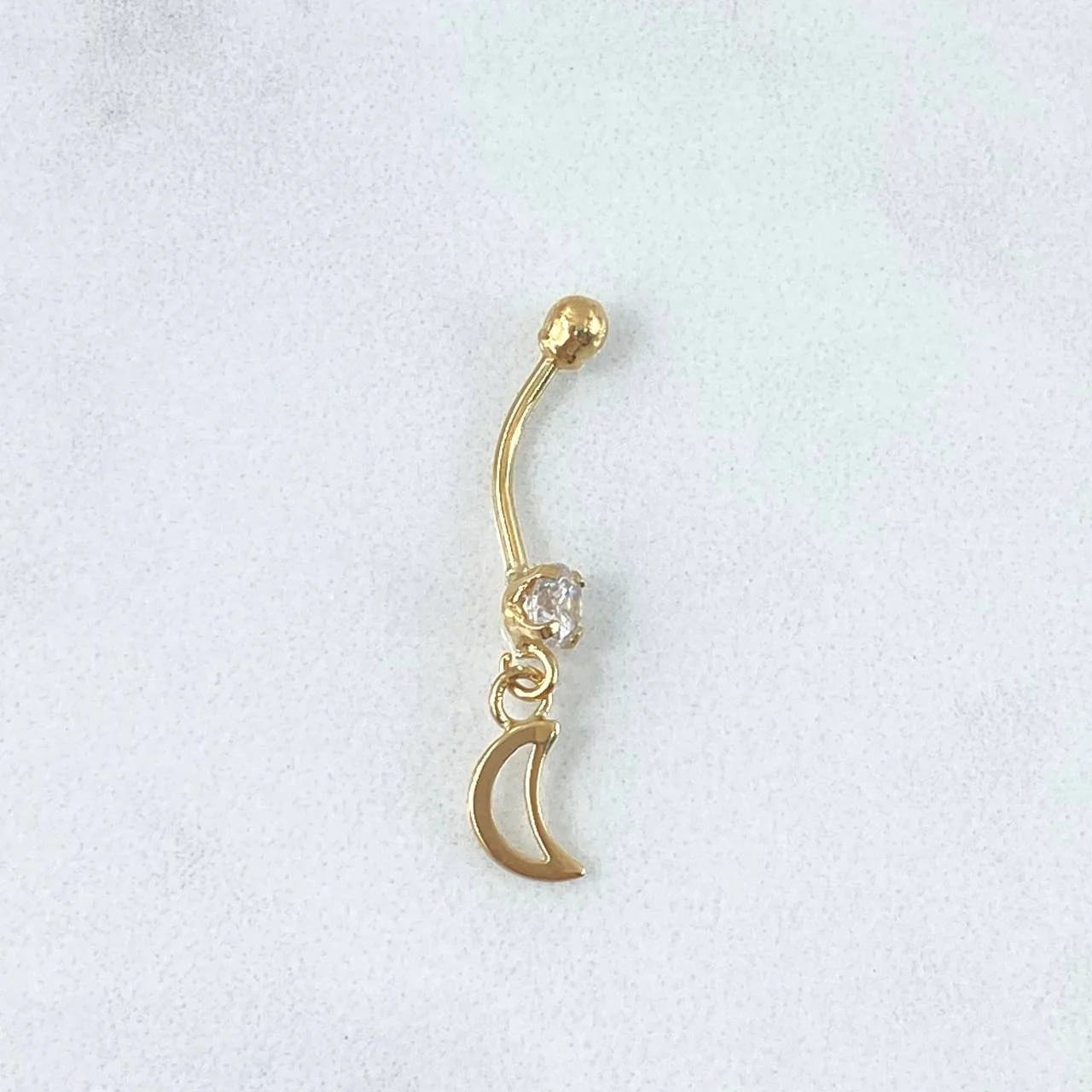 18K Yellow Gold Dangling Moon Silhouette Navel Piercing with White Zircon – 0.65g, 2.9cm