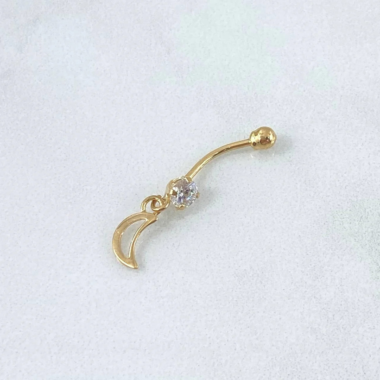 18K Yellow Gold Dangling Moon Silhouette Navel Piercing with White Zircon – 0.65g, 2.9cm