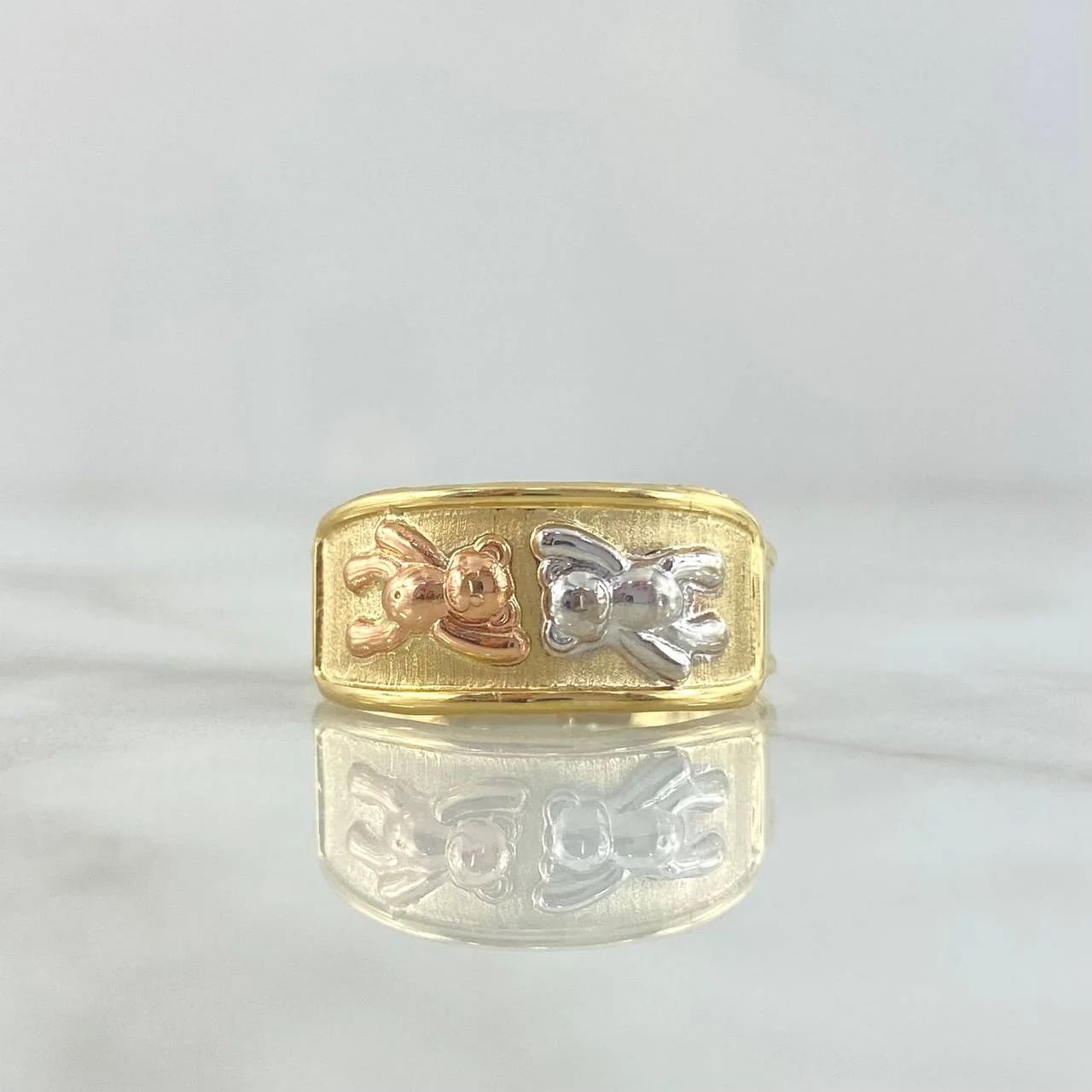 18K Tri-Color Gold Double Bear Signet Ring – 1.9g, Size 9.25, Textured Finish