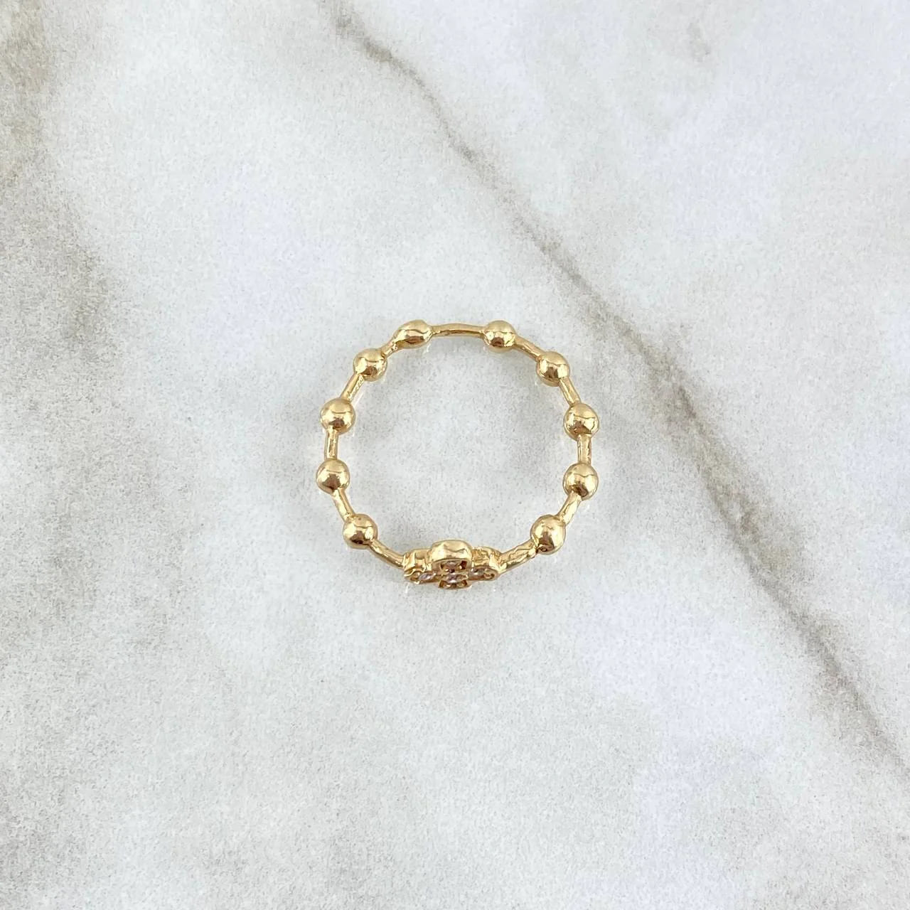 18K Yellow Gold Beaded Cross Ring with White Zircons – 2.4g, Size 6.5