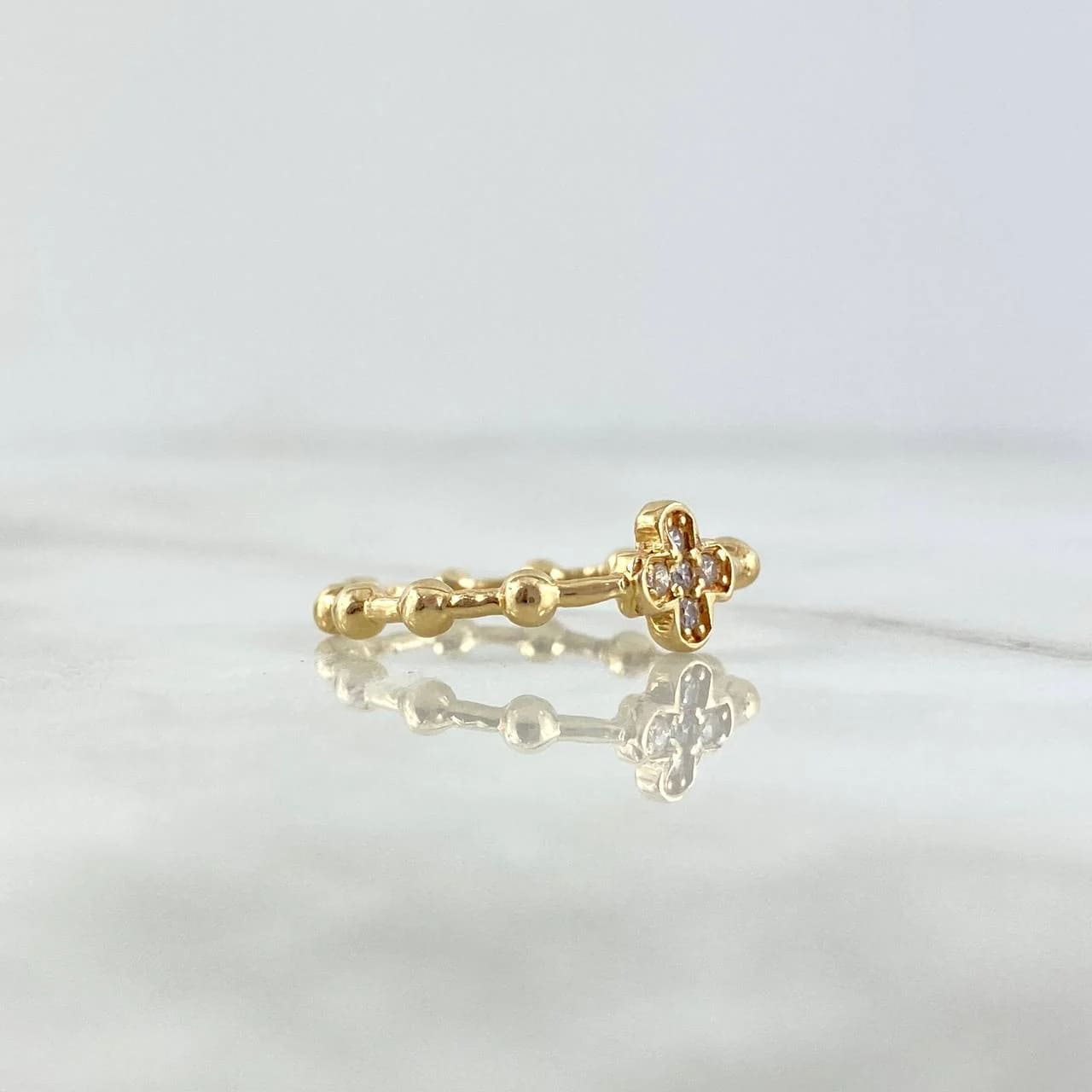 18K Yellow Gold Beaded Cross Ring with White Zircons – 2.4g, Size 6.5