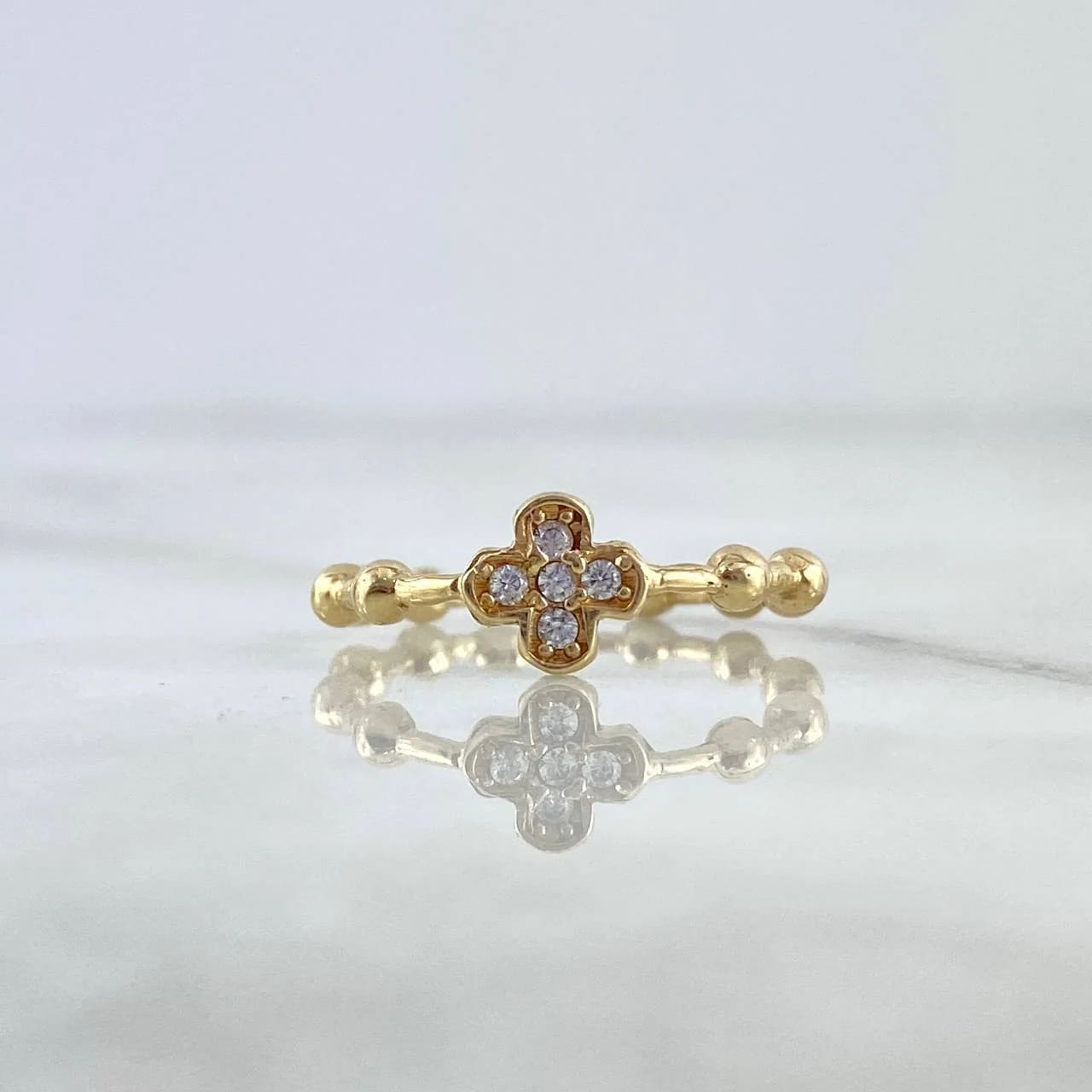 18K Yellow Gold Beaded Cross Ring with White Zircons – 2.4g, Size 6.5