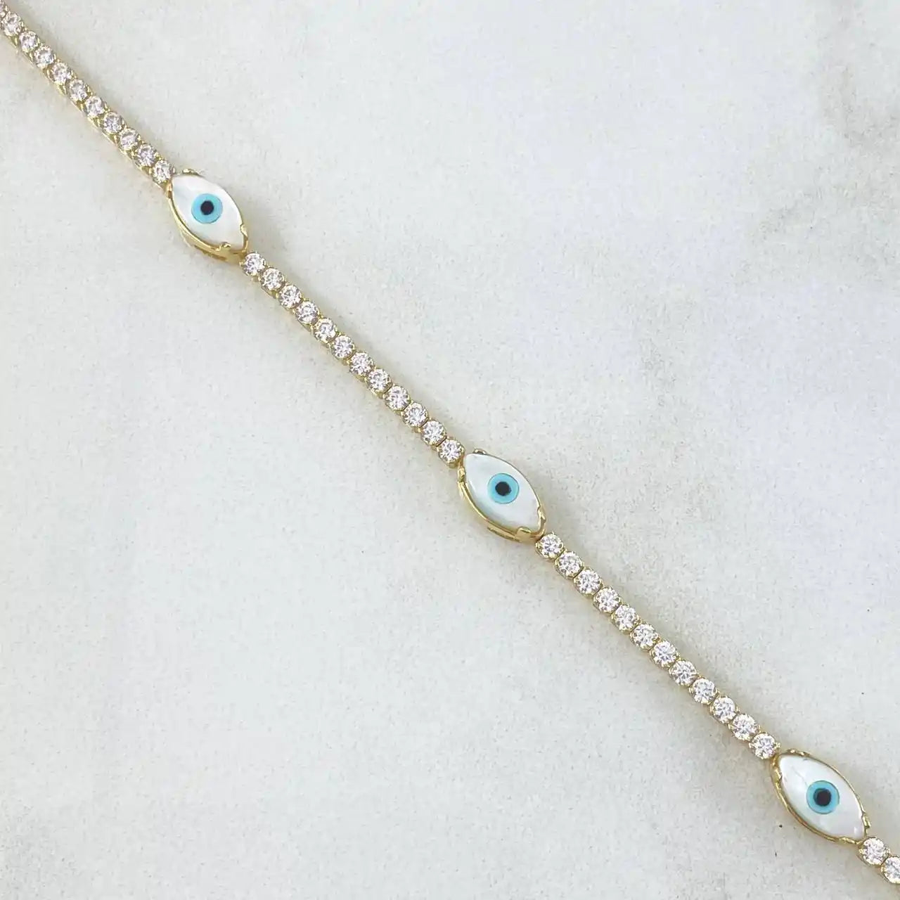 18K Gold Tennis Bracelet – White Evil Eye – 5.55g / 18cm +4cm Extension