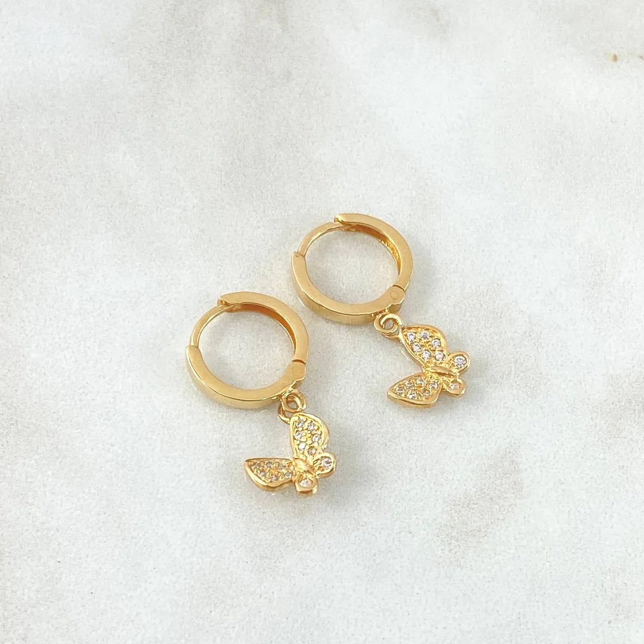 18K Yellow Gold Hoop Earrings with Dangling Butterfly and White Zircons – 3.1g, 2.5cm