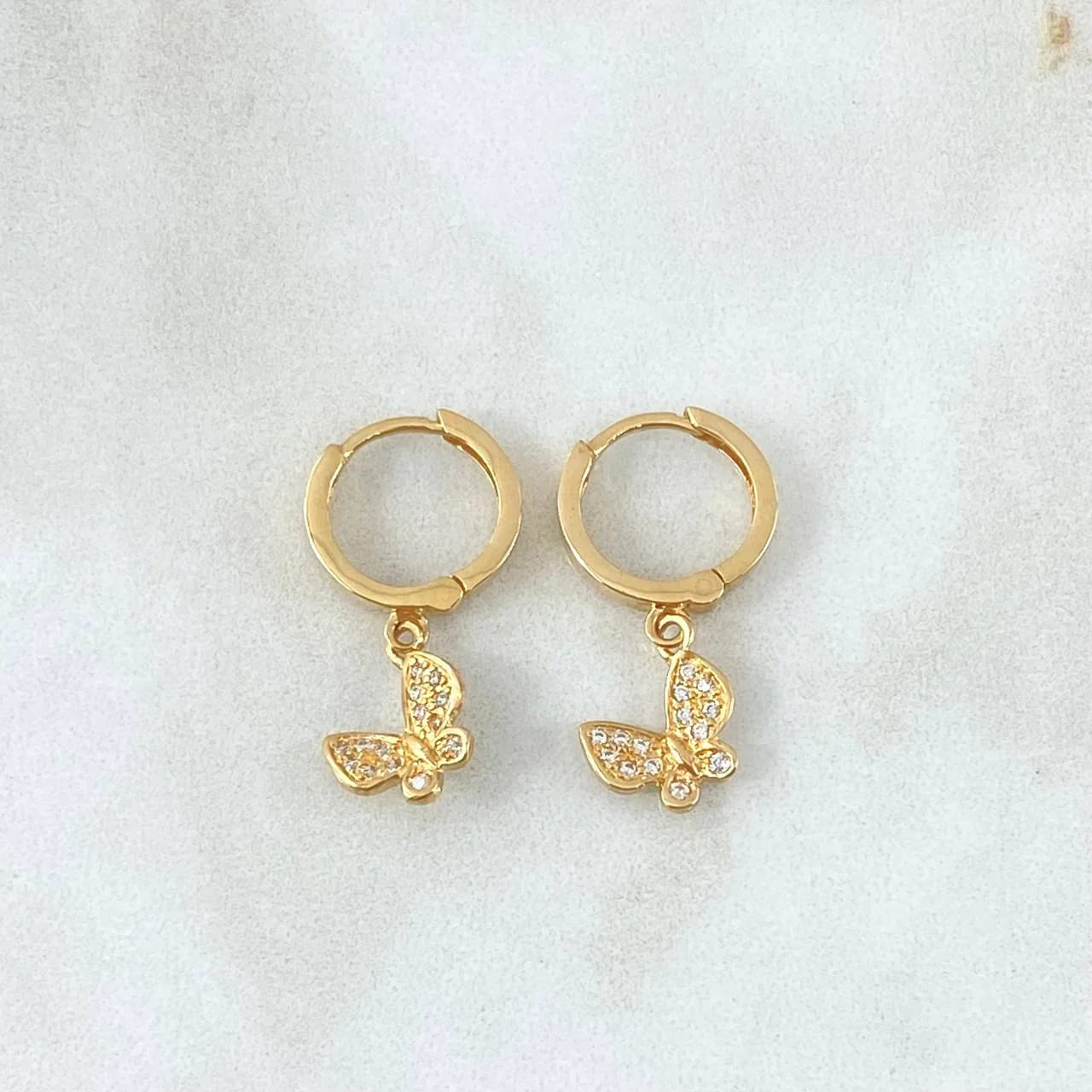 18K Yellow Gold Hoop Earrings with Dangling Butterfly and White Zircons – 3.1g, 2.5cm